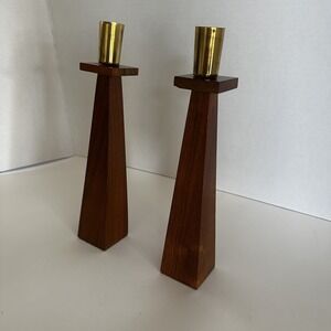 Vintage Danish Modern Kustom Kraft Walnut Brass Taper Candle Holders 9 Inch